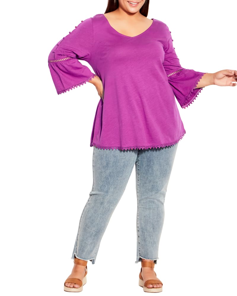 Front of a model wearing a size 16 Mia Split Sleeve Crochet Top in Clover by Evans. | dia_product_style_image_id:297795
